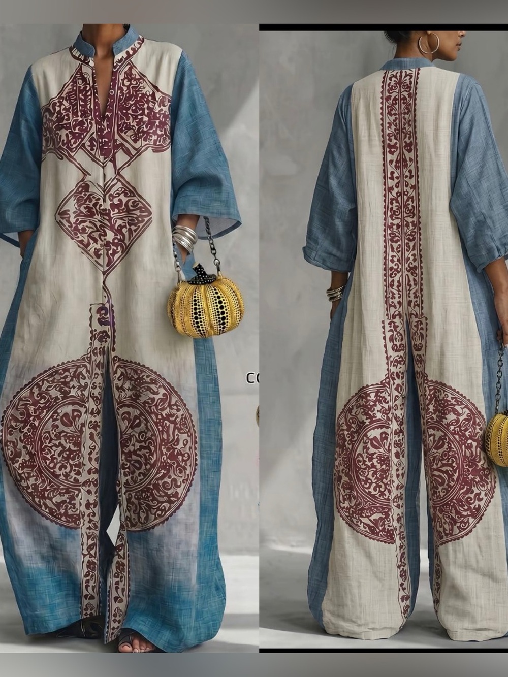 Bohemian Two-Tone Printed Jumpsuit - Blue & Cream